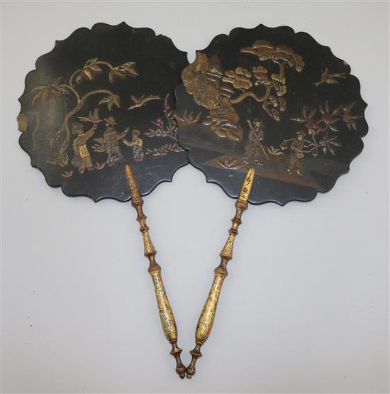 A pair of Regency papier mache hand screens, 16.5in.